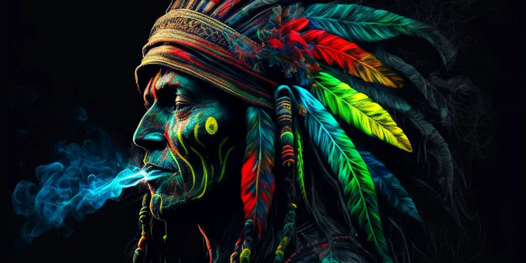 Parfum SHAMAN, un indien avec sa coiffe et de la fumé qui sort de sa bouche