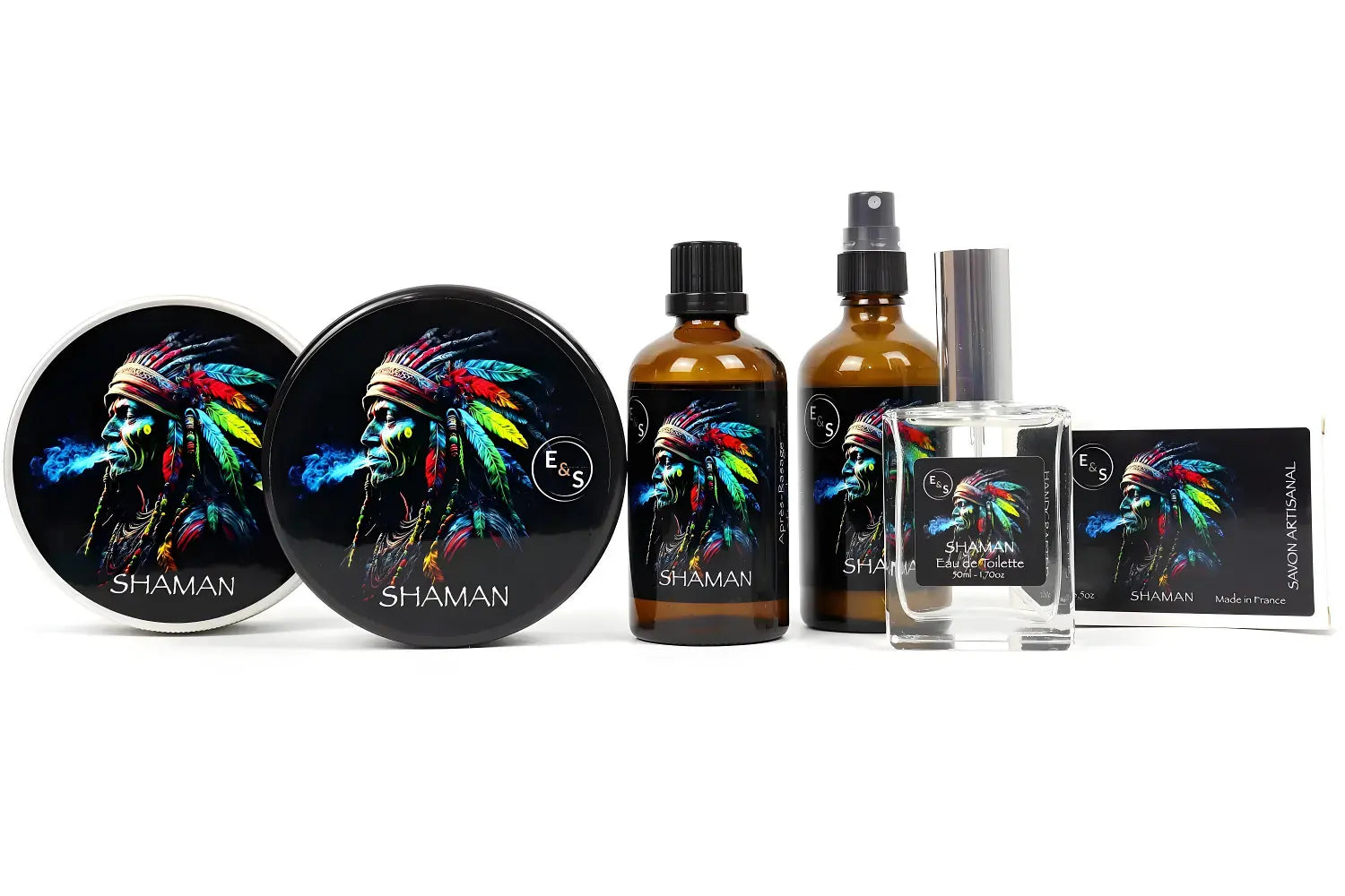 Collection SHAMAN avec deux savon à barbe, deux après-rasage, une Eau de Toilette et un savon solide pour la toilette.